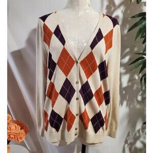 Lands End NWT Argyle Deep V-Neck Button Cardigan Sweater Size L Preppy Academia